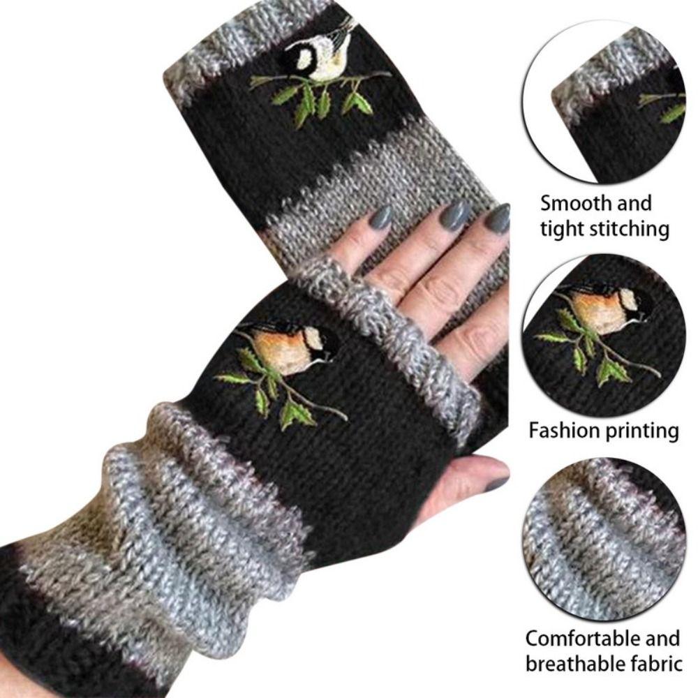 Soft Half Finger Gloves Embroidered Bird Y2k Winter Mittens Knitted Fingerless Gloves Winder