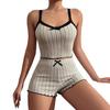 2 Pcs/Set Women Summer Pajamas Suit Shirring Edge Sleeveless Backless Crop Top Lace Bow Decor High Waist Mini Shorts Daily Nightie Slim Fit Sleepwear