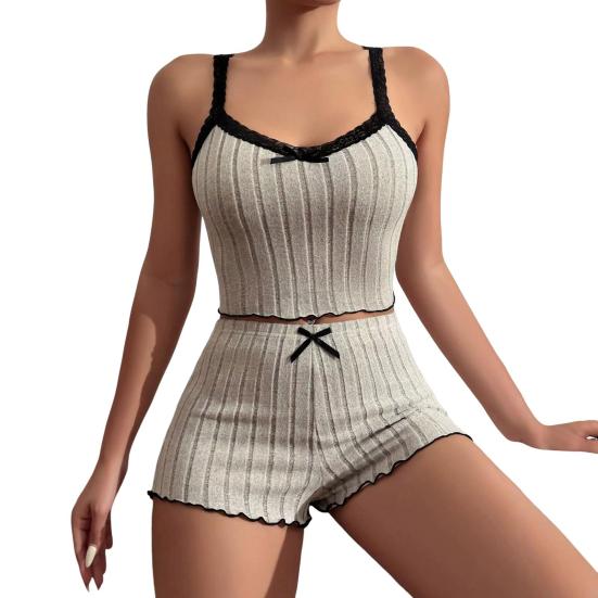 2 Pcs/Set Women Summer Pajamas Suit Shirring Edge Sleeveless Backless Crop Top Lace Bow Decor High Waist Mini Shorts Daily Nightie Slim Fit Sleepwear