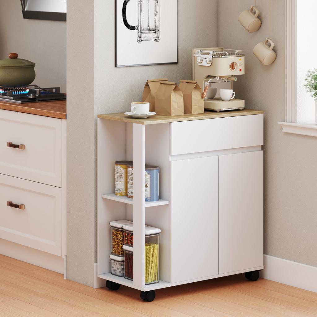 Kitchen Storage Trolley Cart with Cabinet, Drawer and Open Shelves, White