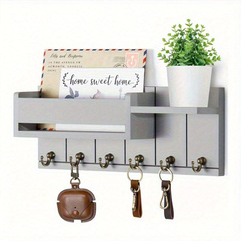 1pc Vintage Wooden Wall Mounted Key Rack with Mail Holder & Tray - Easy Install, Suitable for Farmhouse Decor In Living Room, Kitchen