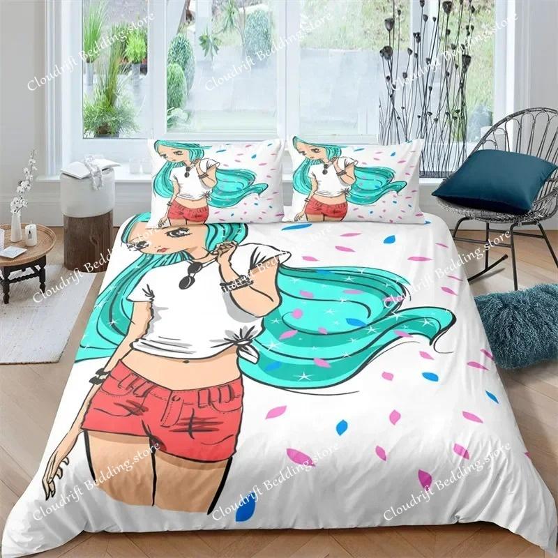 Musical Girl King Queen Duvet Cover Modern Fashion Girly Bedding Set for Kids Teens Adults Cartoon Hip Hop style Quilt Cover