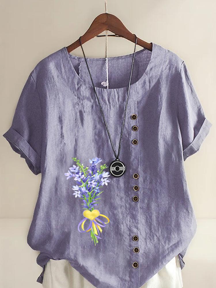 Women's Fashion Purple Bouquet Print Shot Sleeve T-shirt Loose Cotton Shirt Casual Loose Summer Blouse Tops Plus Size