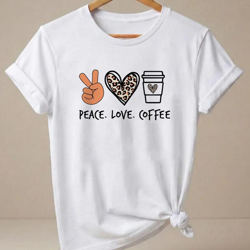Peace Love Coffee TShirt Unisex Leopard Heart Graphic Tee Trendy Soft Breahable Short Sleeve T Shirt Casual Top Clothes