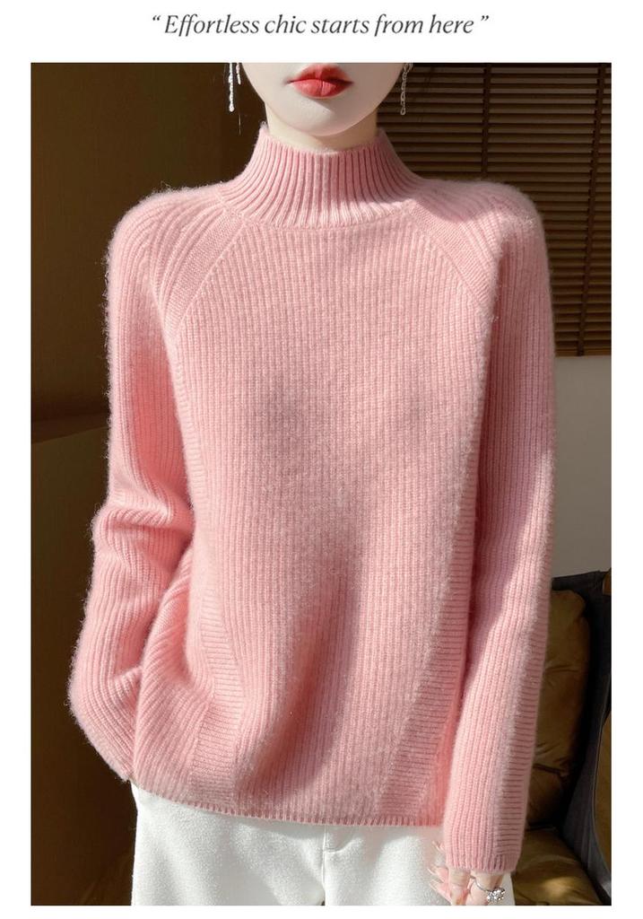 2025 Autumn/Winter Women's Wool Ribbed Loose Knitwear with Seven-Stitch High Neck - Soft, Versatile, and Trendy.