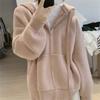 Осень Зима Однотонный Вязаный Худи на Молнии Женский Свободный Повседневный Универсальный Кардиган Толстовка с Капюшоном Женская
