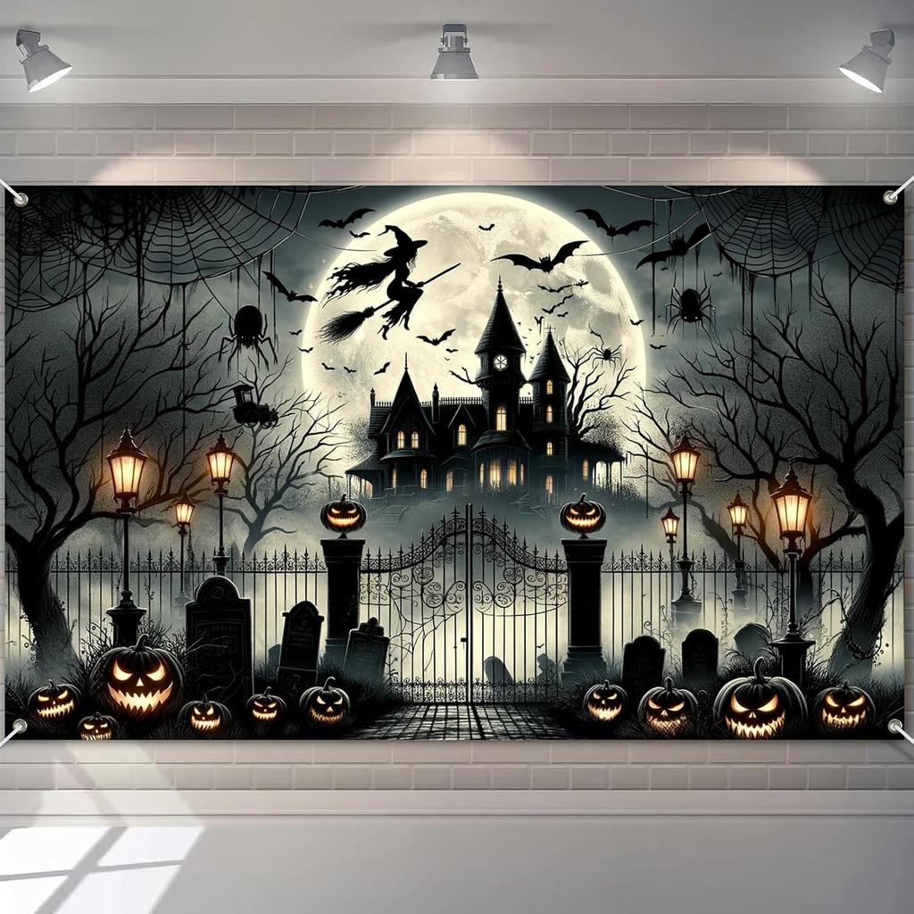 BlissYard Halloween Backdrop Haunted Mansion Witch Banner 71 x 43 Inch