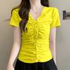 Summer New V-neck Folds Drawstring Lace Up Slim T-shirt Female Short Sleeve Solid Color Casual Fashion Top Women All-match Top