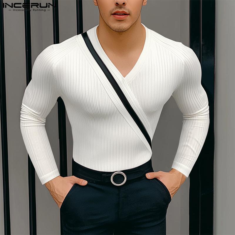INCERUN Men V Neck Long Sleeve Patchwork Casual Fitted Rib T-shirts Undershirts