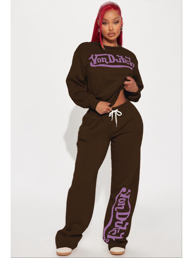 Женский комплект с принтом Von Dutch: Свободная, Повседневная и Модная Уличная Одежда для Комфортной Ежедневной Носки.