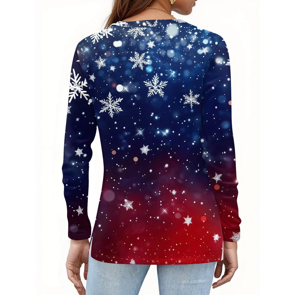 Women's Fashion Casual Slit Hem Round Neck Long Sleeve Loose Christmas Printed T-Shirt Ladies Top