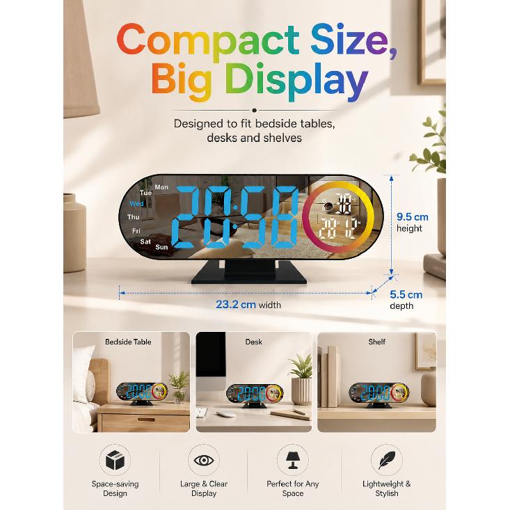 RGB Color Digital Alarm Clock Large LED Mirror Display Temperature Humidity Week Date Dimmable Brightness Bedroom Desk Clock2