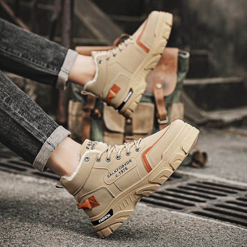 Модная мужская обувь Зимняя плюшевая хлопковая обувь Мужская модная универсальная рабочая обувь на высокой платформе Износостойкие повседневные короткие ботинки