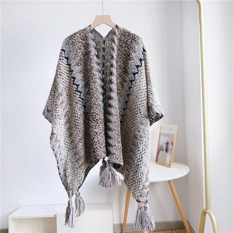 Ethnic Style Knitted Poncho Cape Vintage Bohemian Tassel Cloak Warm Shawl Travel Coat Cardigan Sweater