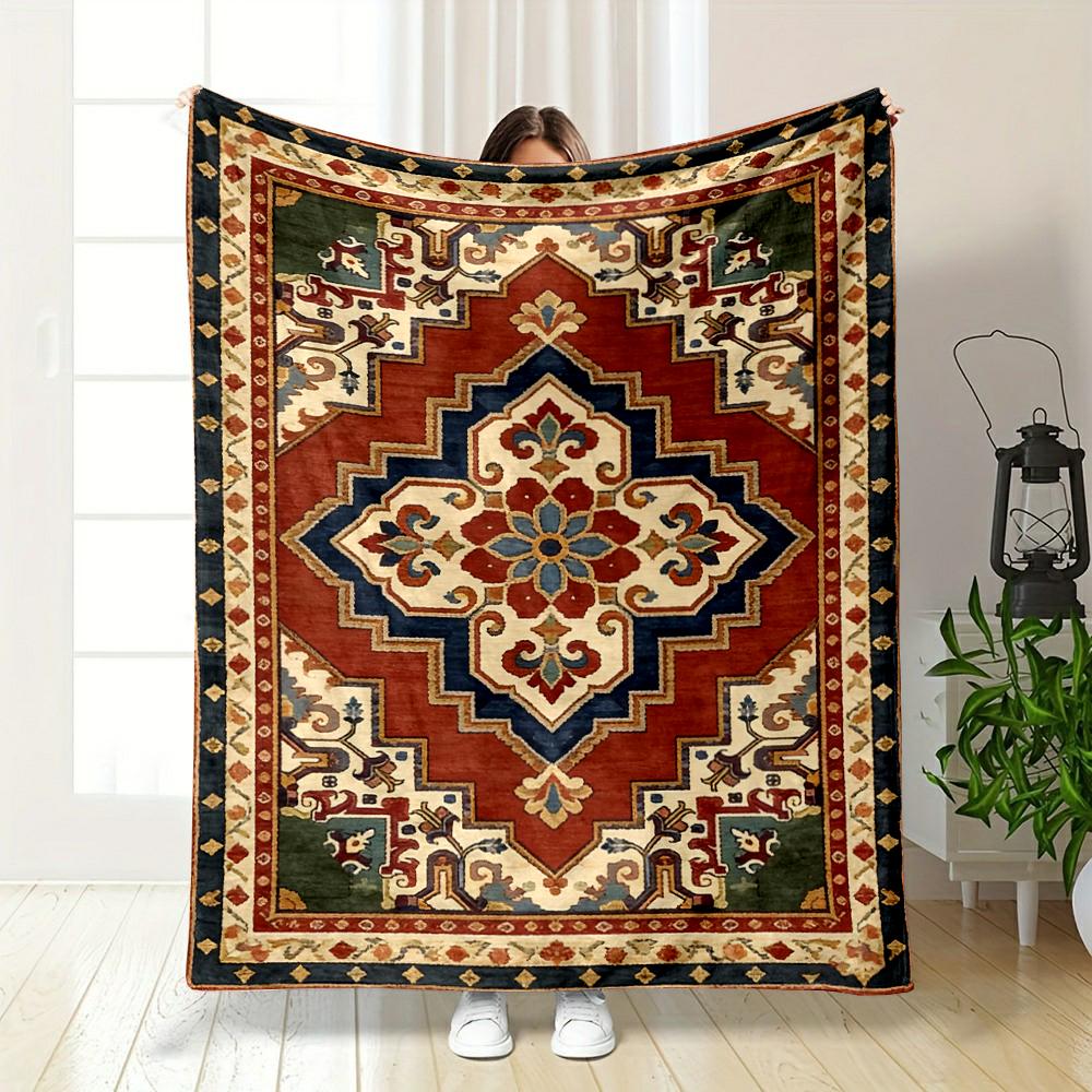 Geometric floral patterns in rich red and blue. Flannel blanket for bedroom, living room, sofa, and nap sofas.