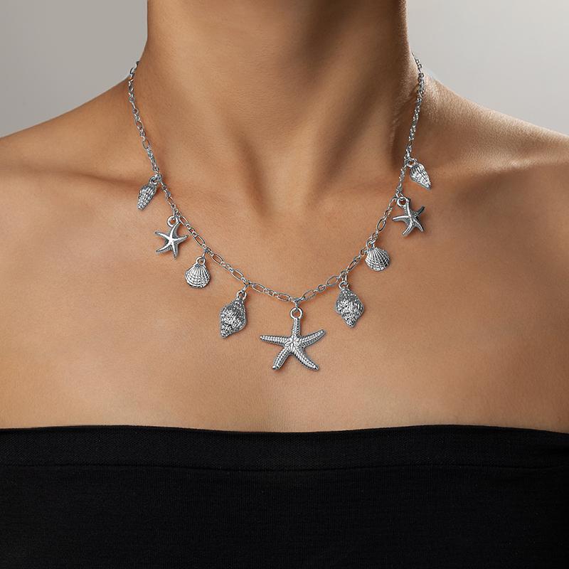 Shell Starfish Scallopes Pendants Necklace Bohemian Style Ocean Series Retro Personality Adjustable Buckle Women Accessory