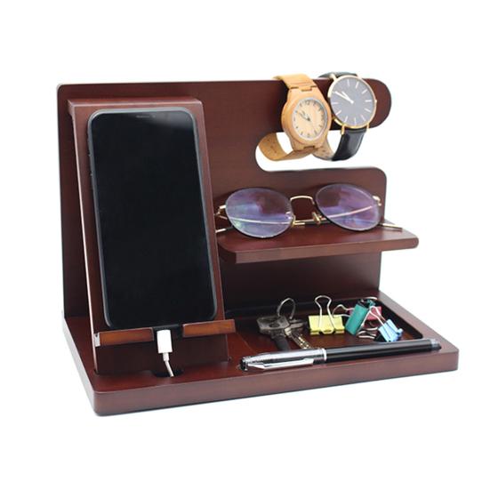 Phone Holder Stable Multifunctional Wooden Phone Organizer Key Wallet Watch Storage Shelf for Bedside Table