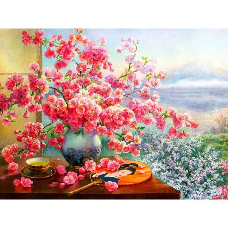 5D DIY Алмазная картина Ваза Алмазная вышивка Цветочный пейзаж Вышивка крестиком Полный круглый дрель Домашний декор Ручной художественный подарок