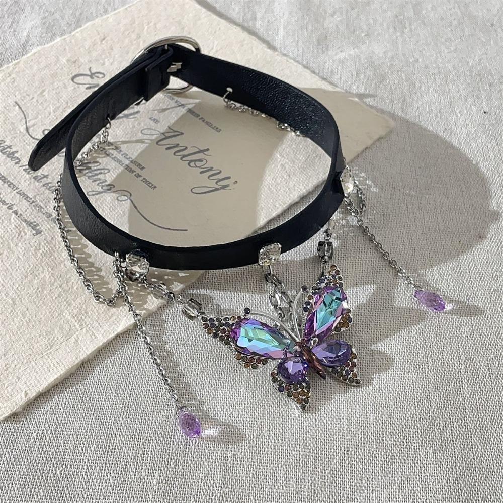 Crystal Butterfly Pendant Necklace Belt Twined Women Accessory Punk Gothic Metal Choker Ladies