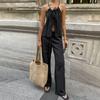 Retro Solid Color Round Neck Lace Up Sleeveless Top Sets Elegant High Waist Loose Wide Leg Pants Suit 2025 Summer Lady High Street Outfits
