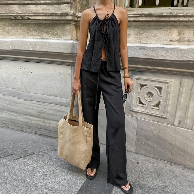 Retro Solid Color Round Neck Lace Up Sleeveless Top Sets Elegant High Waist Loose Wide Leg Pants Suit 2025 Summer Lady High Street Outfits
