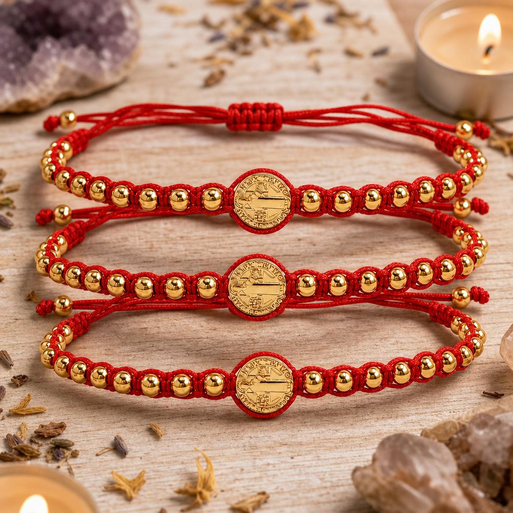 Go2boho Beaded Bracelet Red Cord Gold Ball Beads 18K Gold Plated Brass Catholic Medal Religious Gift Jewelry