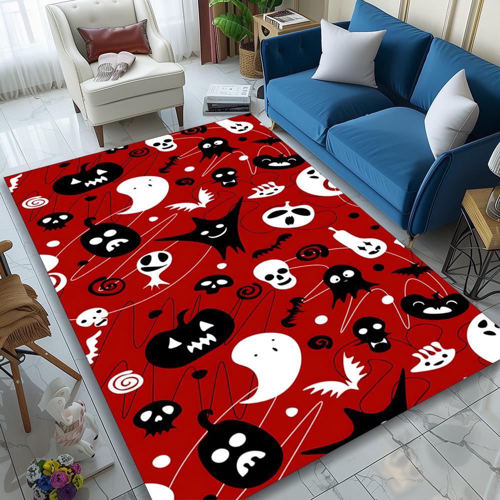 Spooky Halloween Area Rug - Vibrant Red with Ghosts, Bats, and Skulls Design, Soft Polyester Crystal Velvet, Perfect for Living