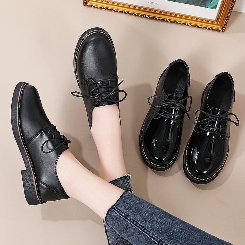 Black Love Small Leather Shoes Women's Soft Leather Style Retro Flat-bottomed Lace-up Thick-soled Mirror Single Shoes Women