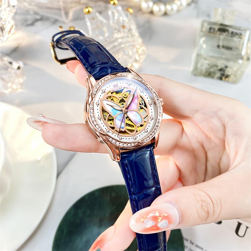 OLEVS Ceramics Women Watches Fashion Colorful Butterfly Dial Automatic Mechanical Watch Top Brand Luxury Ladies Wristwatch Reloj