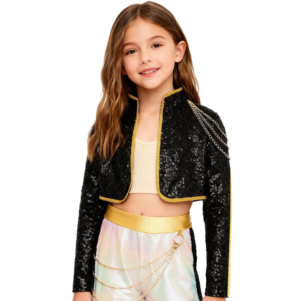 Shiny Sequins Stage Jacket for Girls, Long Sleeve Singer Cosplay Costume with Braided Trimming & Chains for a Complete Look