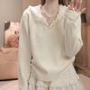 Lace Hooded Women's Knitted Sweaters Korean Loose V-neck Female Knitted Sweater Autumn Fashion Gentle Ladies Hoodie