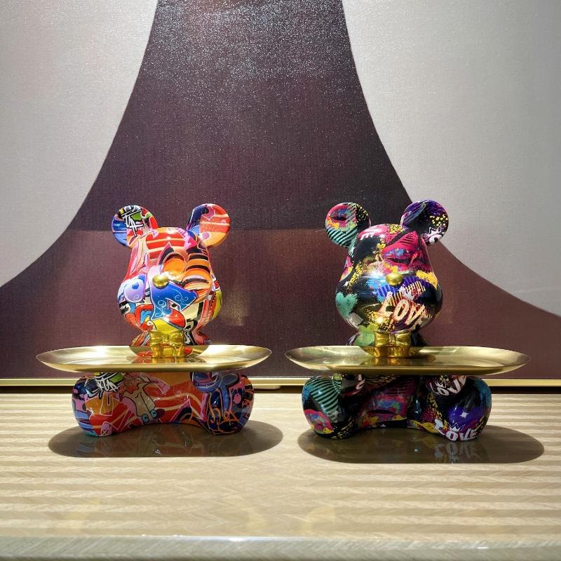 Trendy Colorful Graffiti Bear Abstract Resin Storage Statue Cute Doodle Animal Organizer Desk Holder for Home Office Ornaments