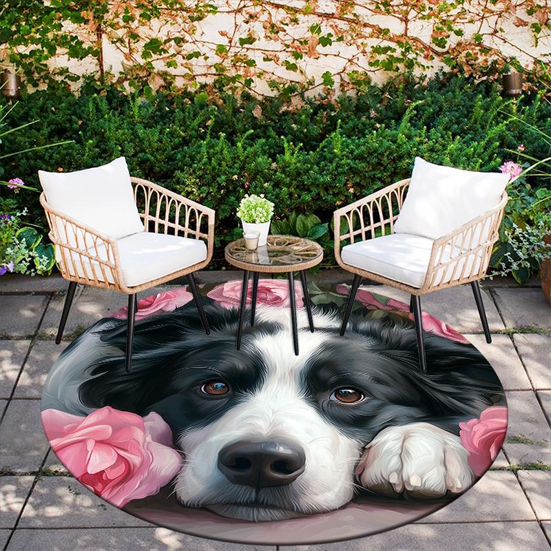 Border Collie and Fresh Flowers pattern round rug,Carpet Rug for Living Room Bedroom Playroom ,Non-slip Floor Mat,Holiday Gifts and Birthday Gifts.