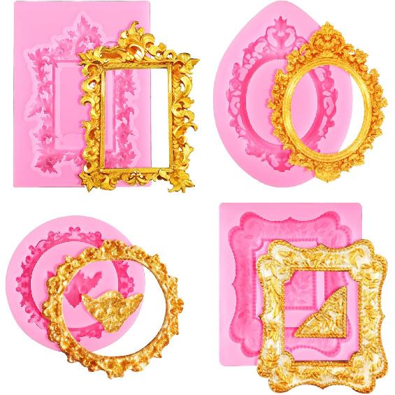 4 Pcs Photo Frame Silicone Molds, Baroque Style Air Dry Clay Molds, Mini Frame Molds Silicone for Cupcake Topper Cake Decoration Chocolate Candy