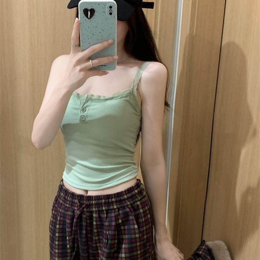 Рубчатый топ на бретельках, кружевной укороченный топ с лямкой на шее, женские летние майки на пуговицах с открытой спиной, модный вязаный топ, женский укороченный жилет без рукавов