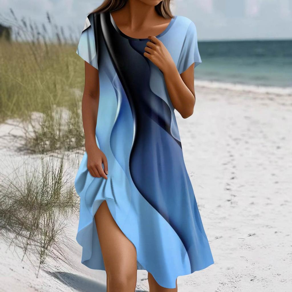 Short Sleeve Boho Dress For Women Casual Loose Fit Summer Sundress Floral Print Dress With Pockets