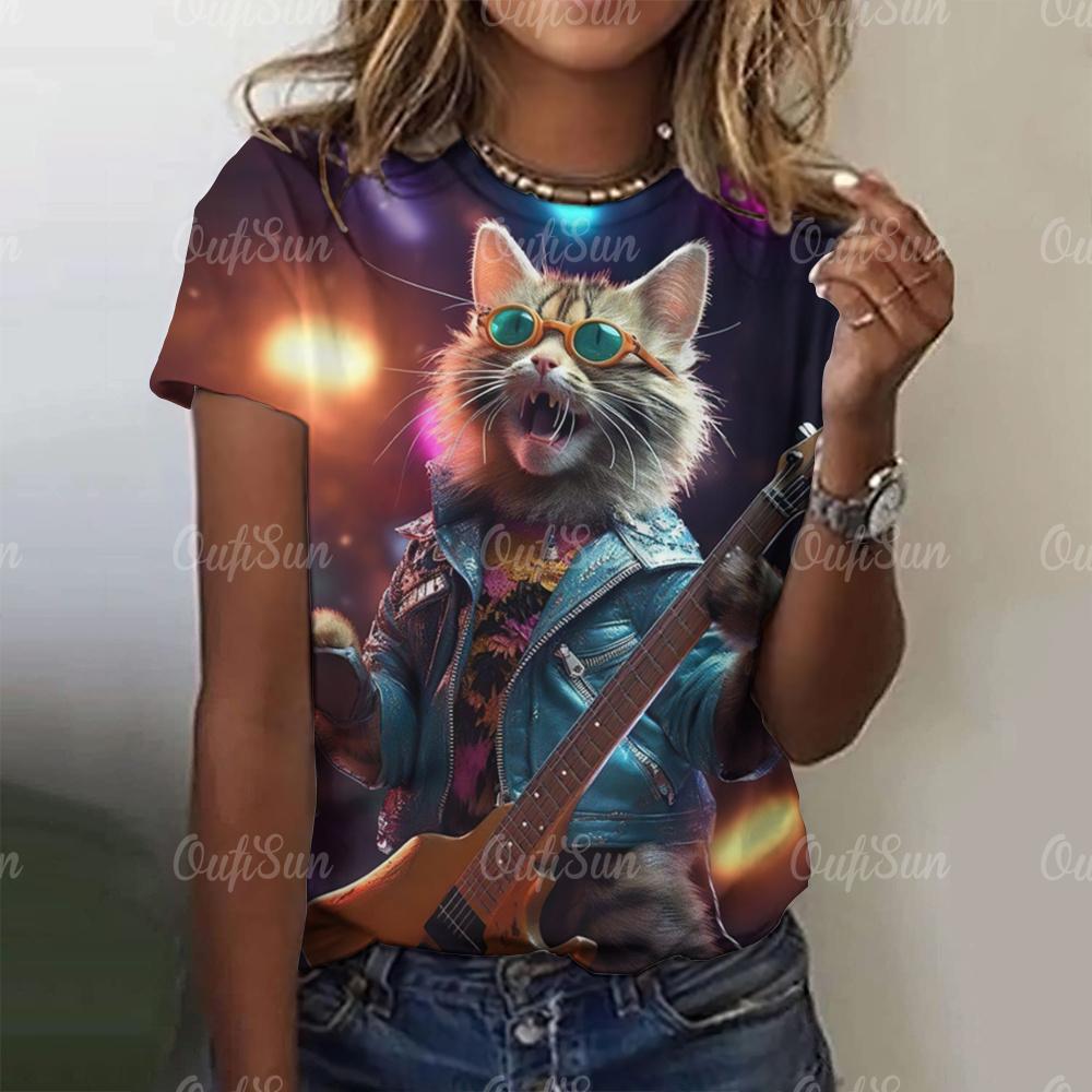 Summer Women's T-Shirt Rock Cat Printed Short Sleeve Female T-Shirt Hip Hop Fashion Couple Loose Street Style Y2k Tops Clothing