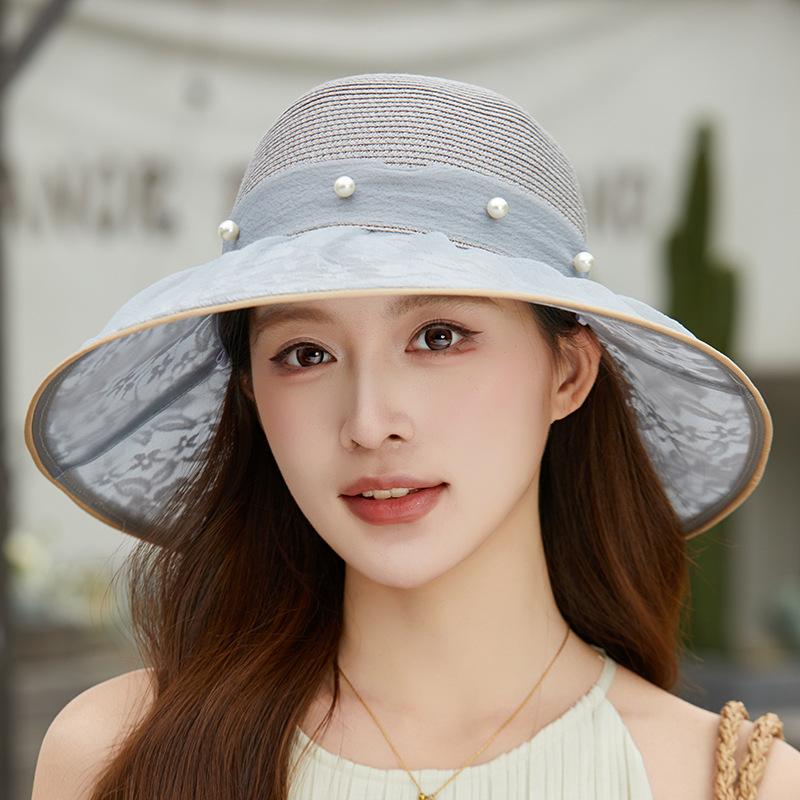 Summer mesh pearl bow straw hat elegant temperament straw bucket hat seaside vacation sunshade sunscreen basin hat