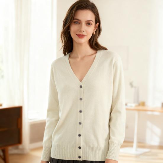 Women Sweater Coat V-neck Long Sleeve Single Breasted Knitting Sweater Solid Color Ribbed Trim Warm Knitted Cardigan