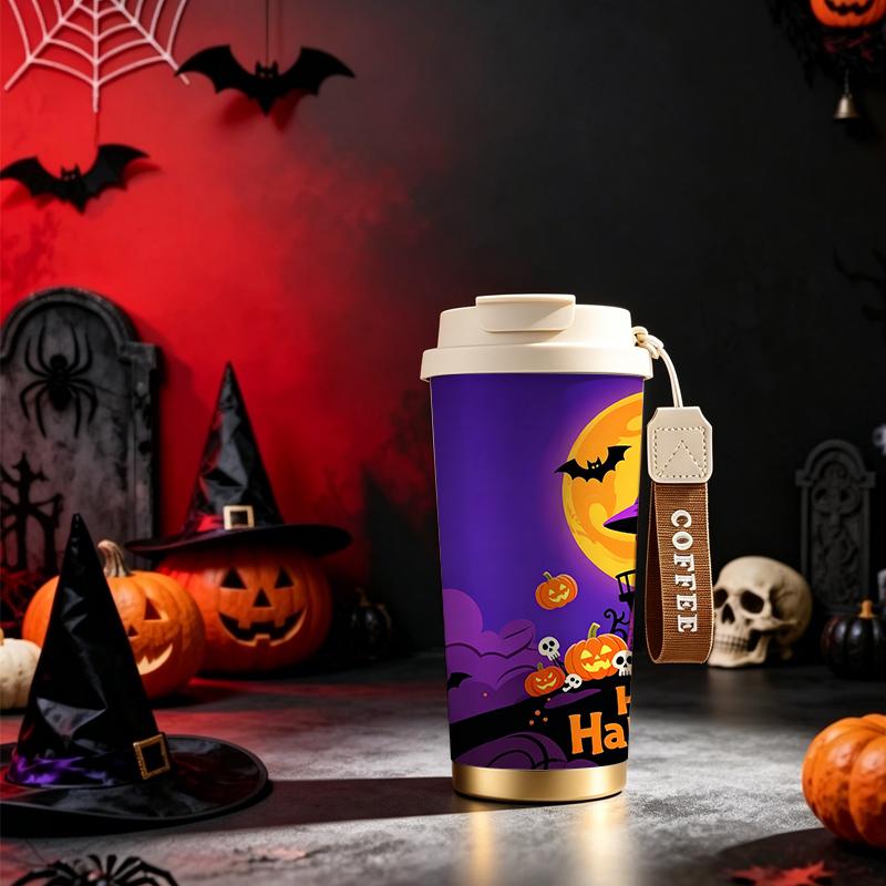 532ml Coffee Cup Halloween Purple Tower Full Moon Pumpkin Skull Bat MotifFlip Lid Coffee Cup Outdoor Water Cup Holiday Creative Cup