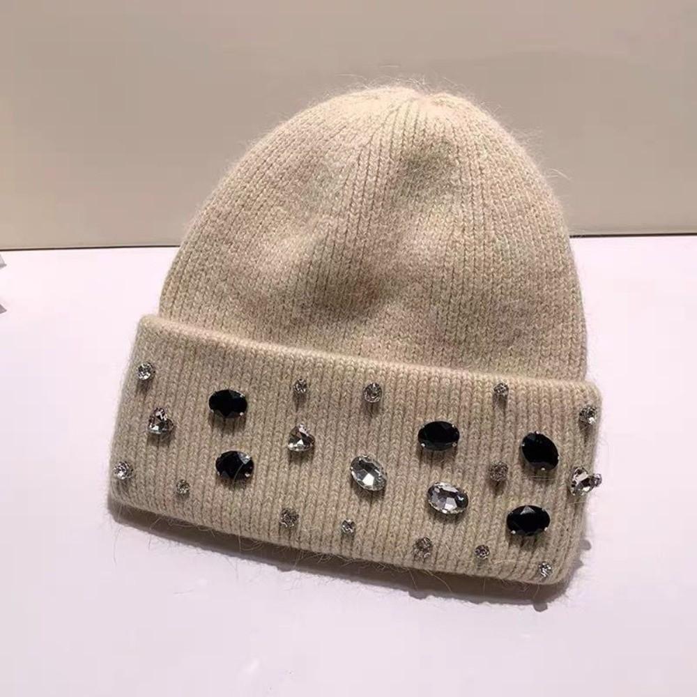 Solid Color Rhinestone Knitted Hat Versatile Windproof Cap Cute Warm Beanie Outdoor