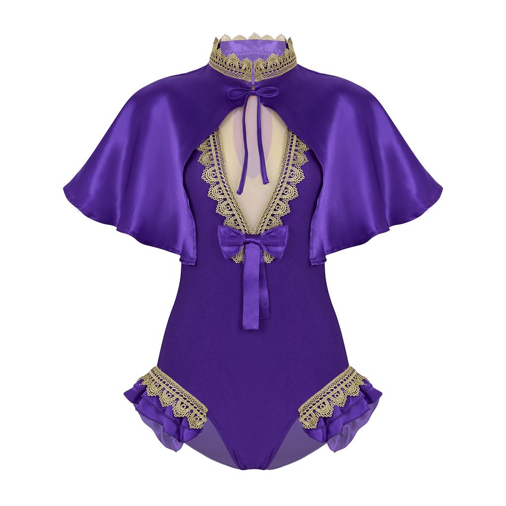 Womens Cosplay Costume Set Shiny Satin Cape Top and Sleeveless High Cut Leotard Halloween Party Role Play Outfit