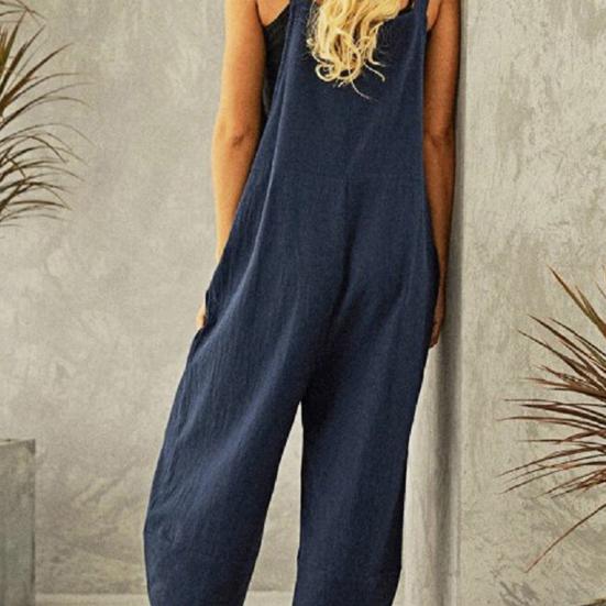 Fashion Jumpsuit Solid Color Loose Women Shoulder Strap Pockets Romper for Daily Wear