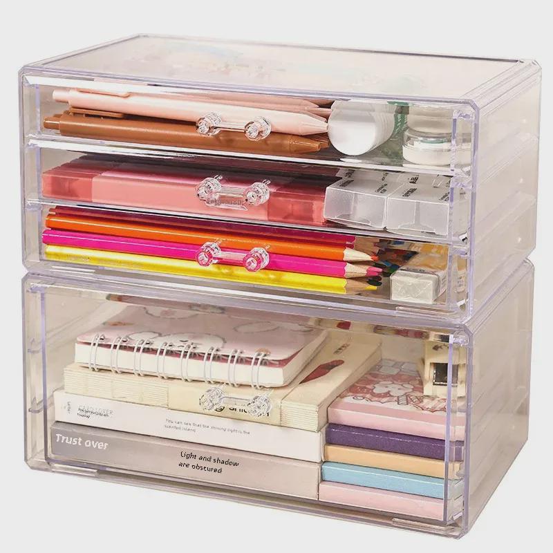 Прозрачный многослойный настольный органайзер для канцелярских принадлежностей с ящиками