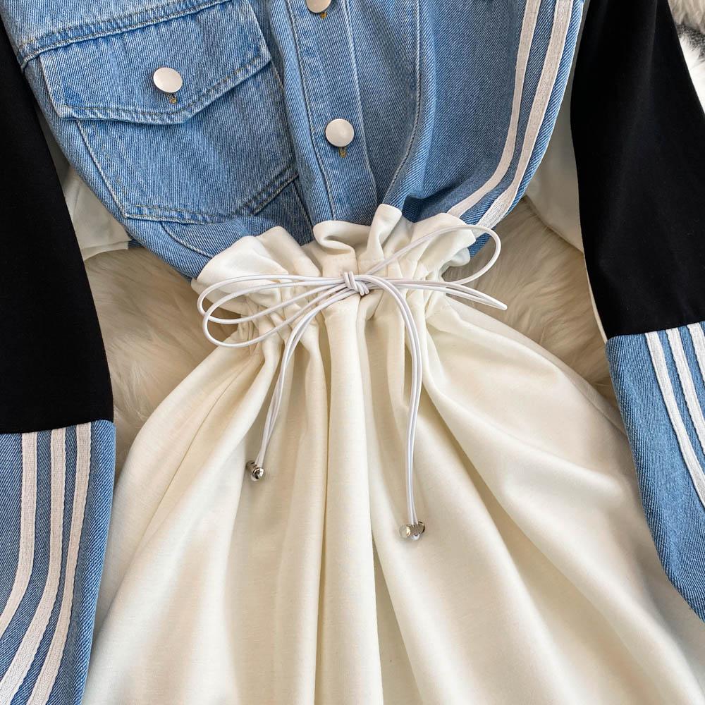 Новое контрастное джинсовое платье в стиле пэчворк с лацканами, женское дизайнерское платье Sense с завязками на талии, утягивающее длинное платье