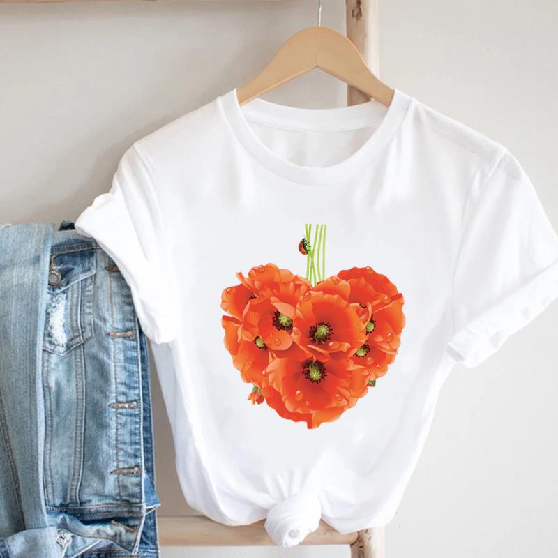 (Asian Size) Women Print Flower Floral Lovely 90s Trend Cute Tee Top Clothing Fashion Tshirt Lady Female Casual Short Sleeve Graphic T-shirt