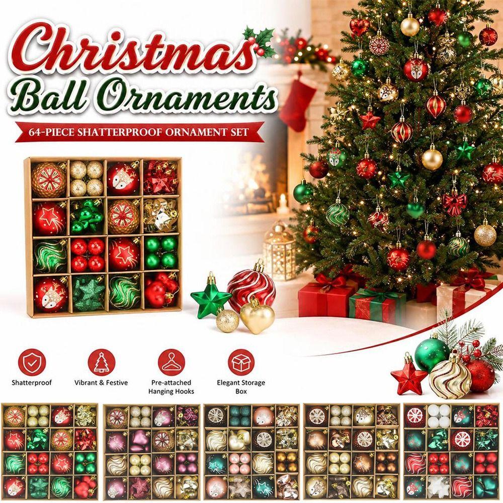 64pcs Plastic Christmas Tree Hanging Ornaments 3-6cm Christmas Baubles Holiday Home Decor