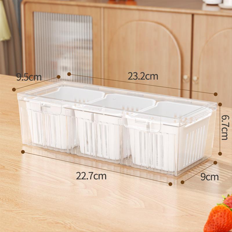3 Compartment Food Storage Container With Lid Transparent Square Blue Drain Box For Fridge Salad Fruit Veg Condiments Reusable