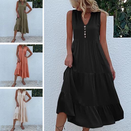 Летнее платье миди с V-образным вырезом, плиссированным лоскутным подолом, трапециевидной формы без рукавов, однотонный декор с пуговицами, свободное до середины икры, пляжное женское длинное платье для отпуска