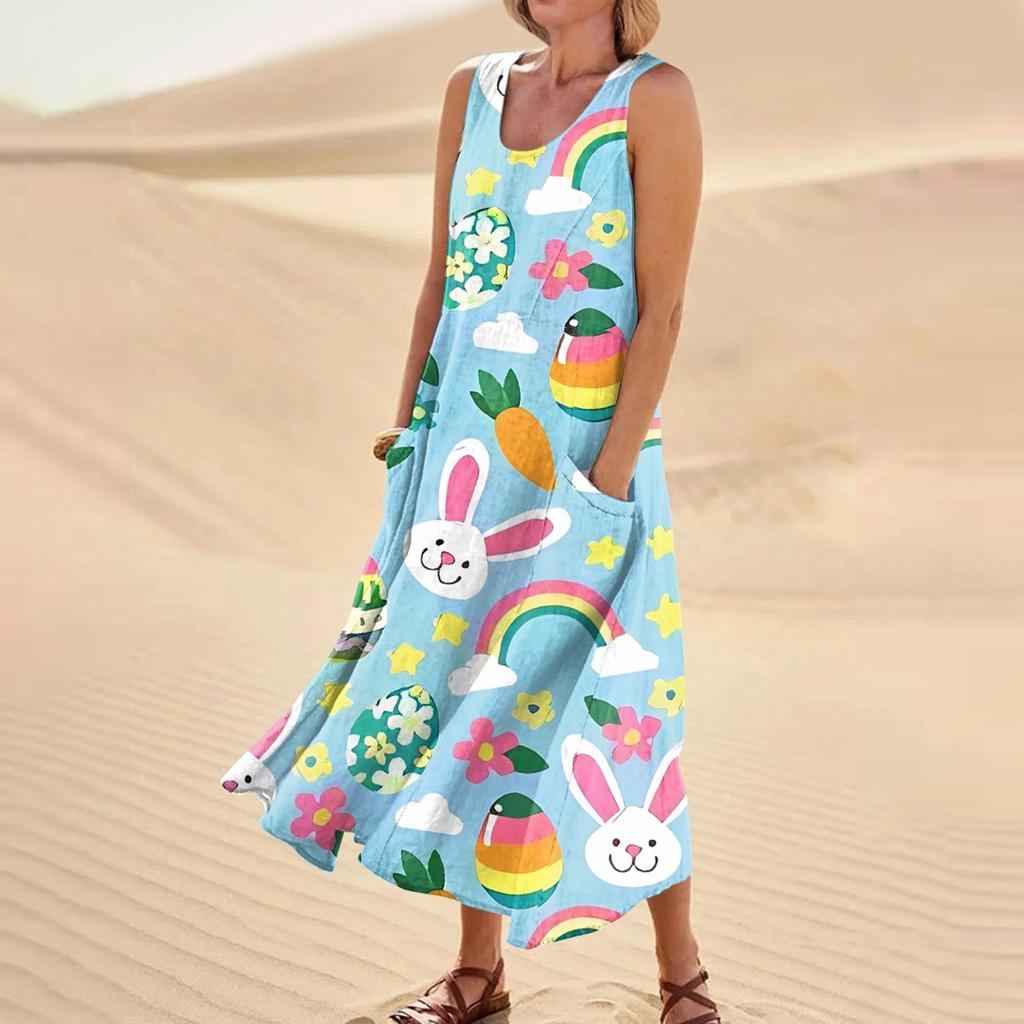 Women's Summer Casual Fashion Easter Printed Sleeveless Round Neck Pocket Dress